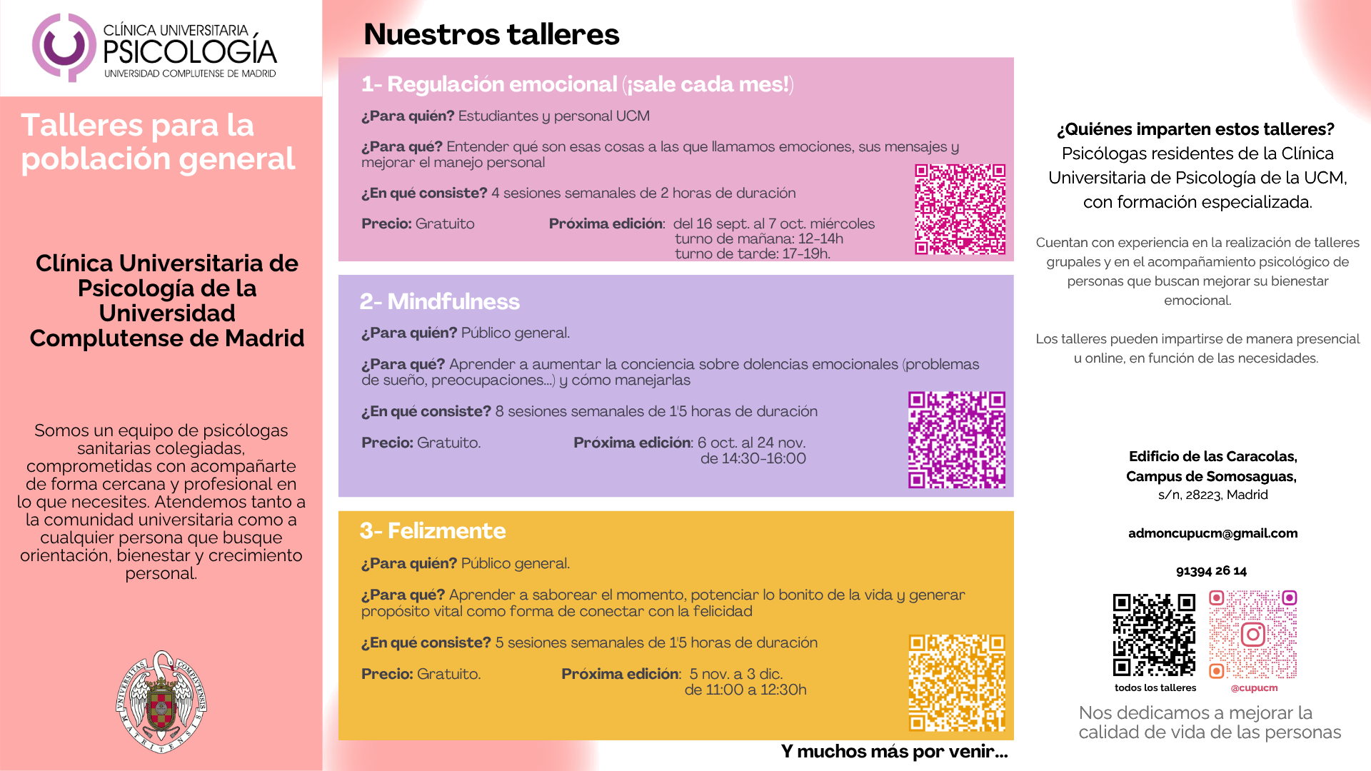 Talleres gratuitos de la Clínica Universitaria de Psicología para PDI, PTGAS y Estudiantado